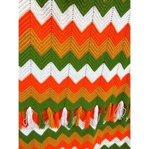 Vintage Zigzag Crochet Multicolor Throw Blanket with Fringe on Sides 46" x 62"